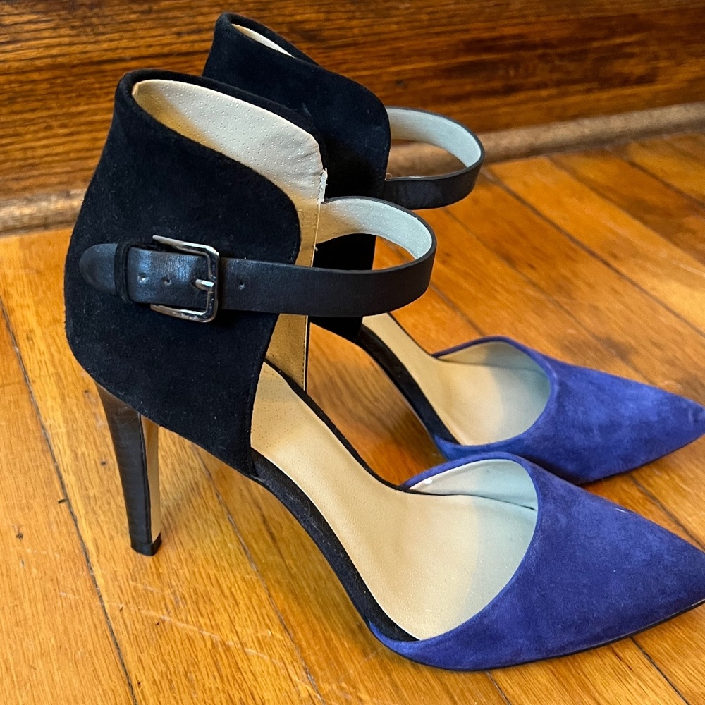 BP Belted Stiletto - Blue suede toe; Black suede back, black leather belt - 8 M